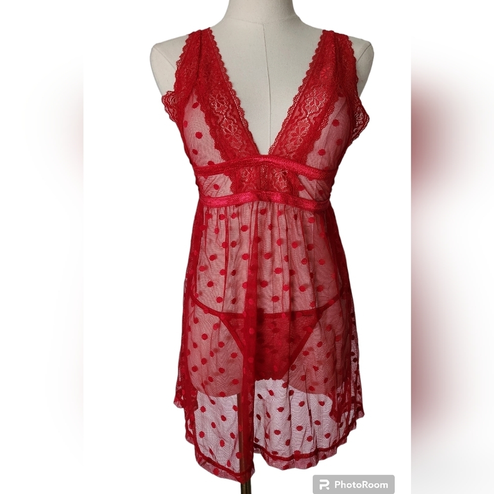 NWOT Red Lacy Baby Doll with G String Panty